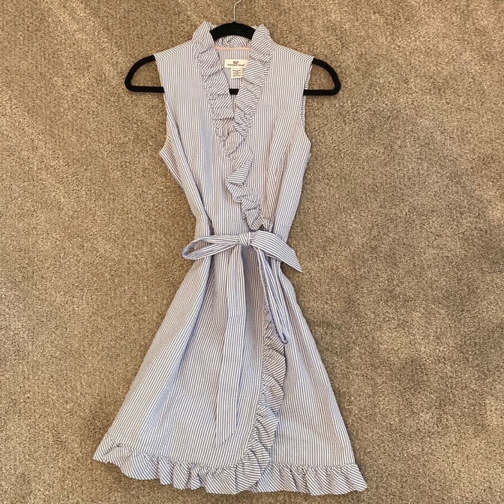 Vineyard Vines Blue and White Striped Ruffle Midi Dress